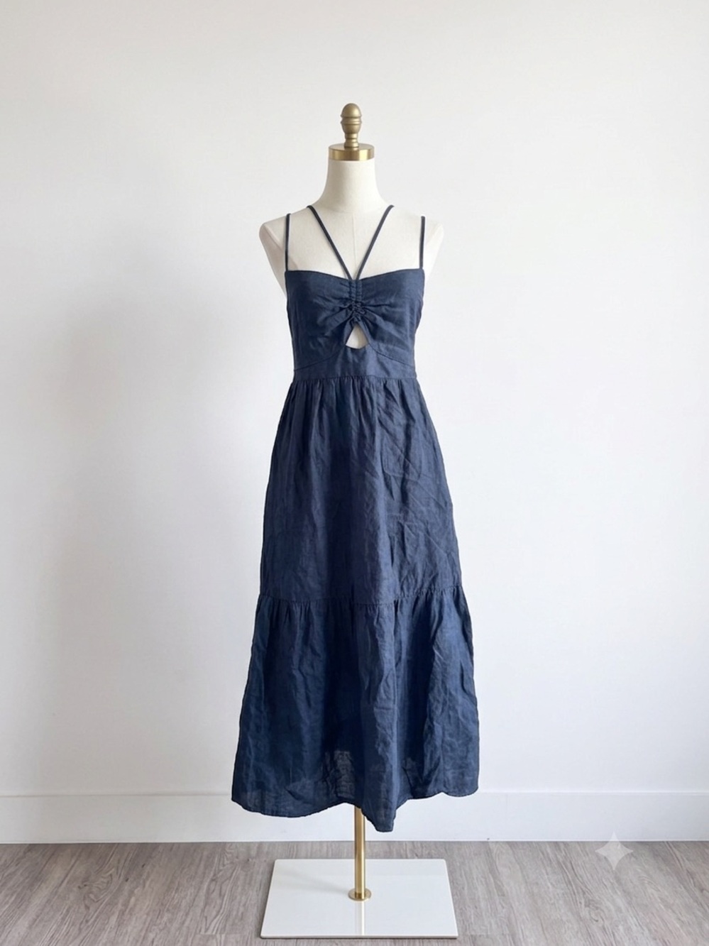 MANGO Navy Blue Linen Twisted Cutout Midi Dress XS